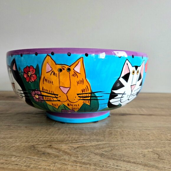 Large vintage ceramic bowl Catzilla 1999 by Candace Reiter w/hand painted cats. - Picture 3 of 10